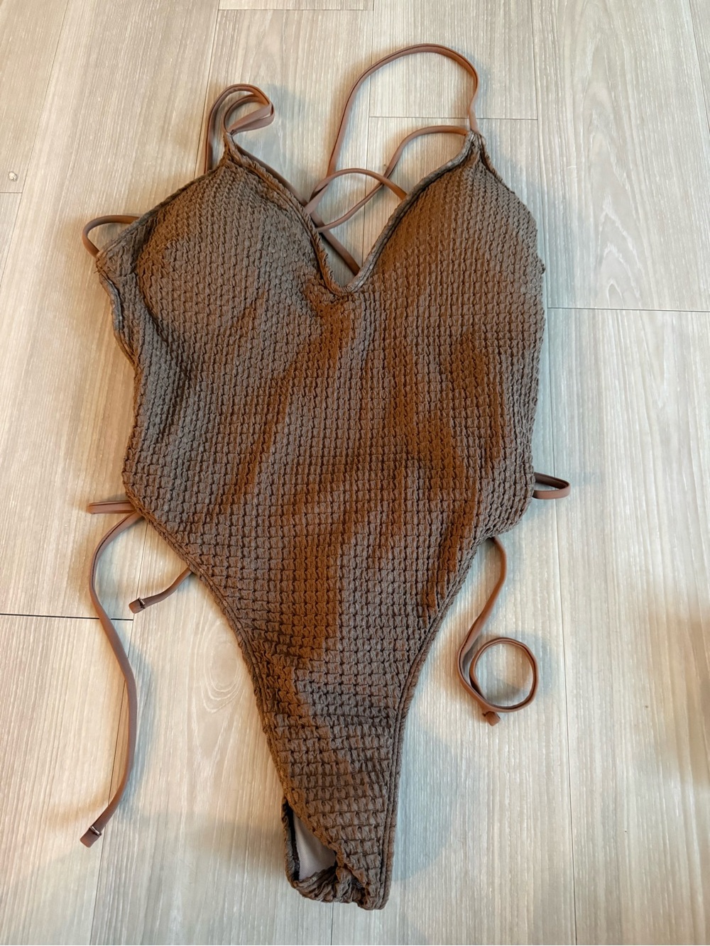 Brown Textured One-Piece Swimsuit - Classic Solid Color